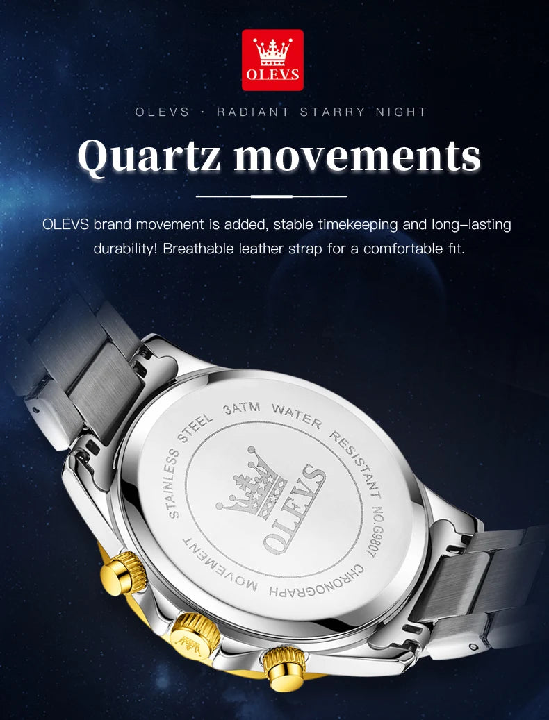 OLEVS 9807 New Mens Watches Original Quartz Watch Multifuncion Chronograph Watch For Man Waterproof Luminous Mens Gifts Freebie