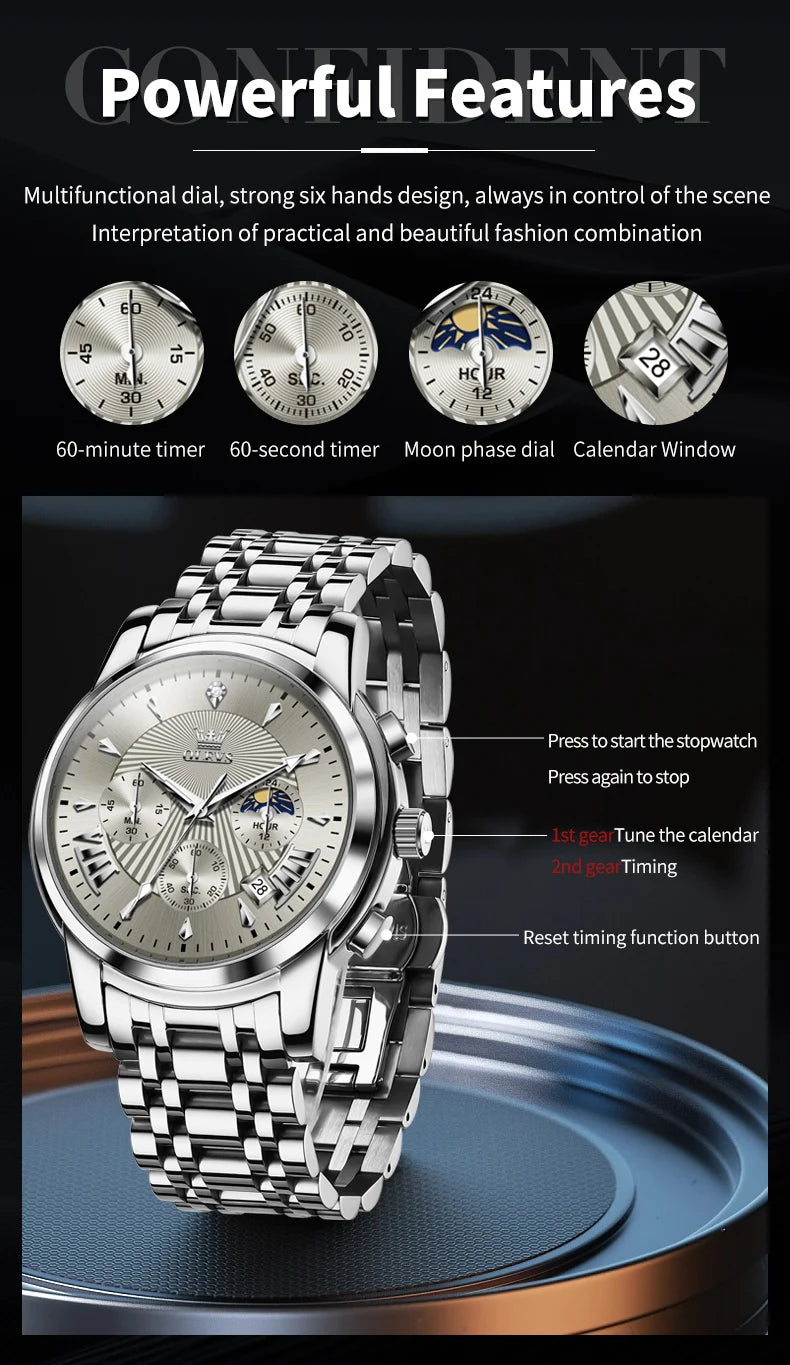 OLEVS Men's Watches 2892 Luxury Business Original Top Brand Quartz Watch for Man Waterproof Moon Phase Date Chronograph Luminous