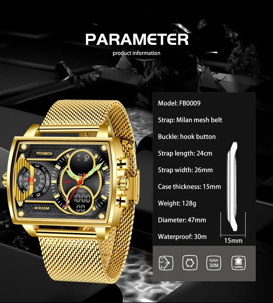 LIGE Top Brand Luxury Men Watch FOXBOX Fashion Square Watch Men Casual Sports Waterproof Double Display Watch Relogio Masculino