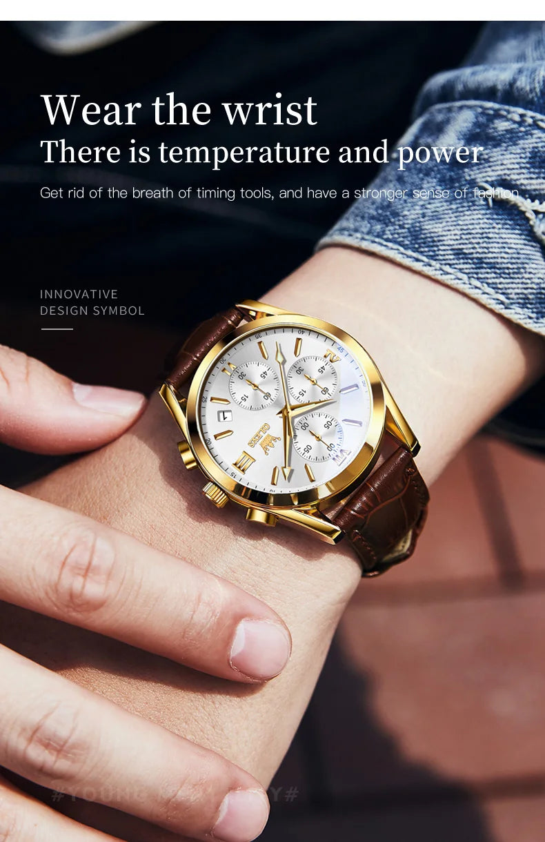 OLEVS Mens Watches Top Brand Luxury Chronograph Quartz Watch Men Sport Leather Waterproof Luminous Date Business Wristwatch Male