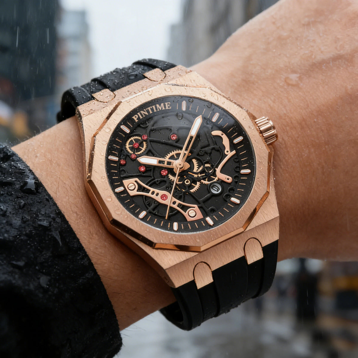 Premium Luxury Sports Watch for Men Water Resistant Automatic Mechanical Stone Style Timepiece Men's Wristwatch Retro Watch