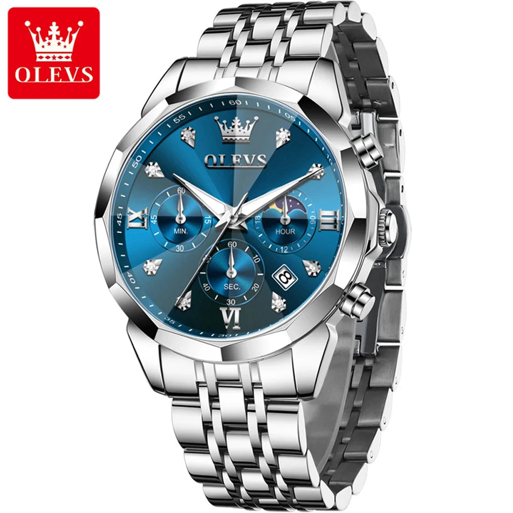 OLEVS 3670 Men's Watches Solid Steel Strap Rhombus Mirror 24Hour Moon Phase Waterproof Luminous Chronograph Quartz Watch for Men