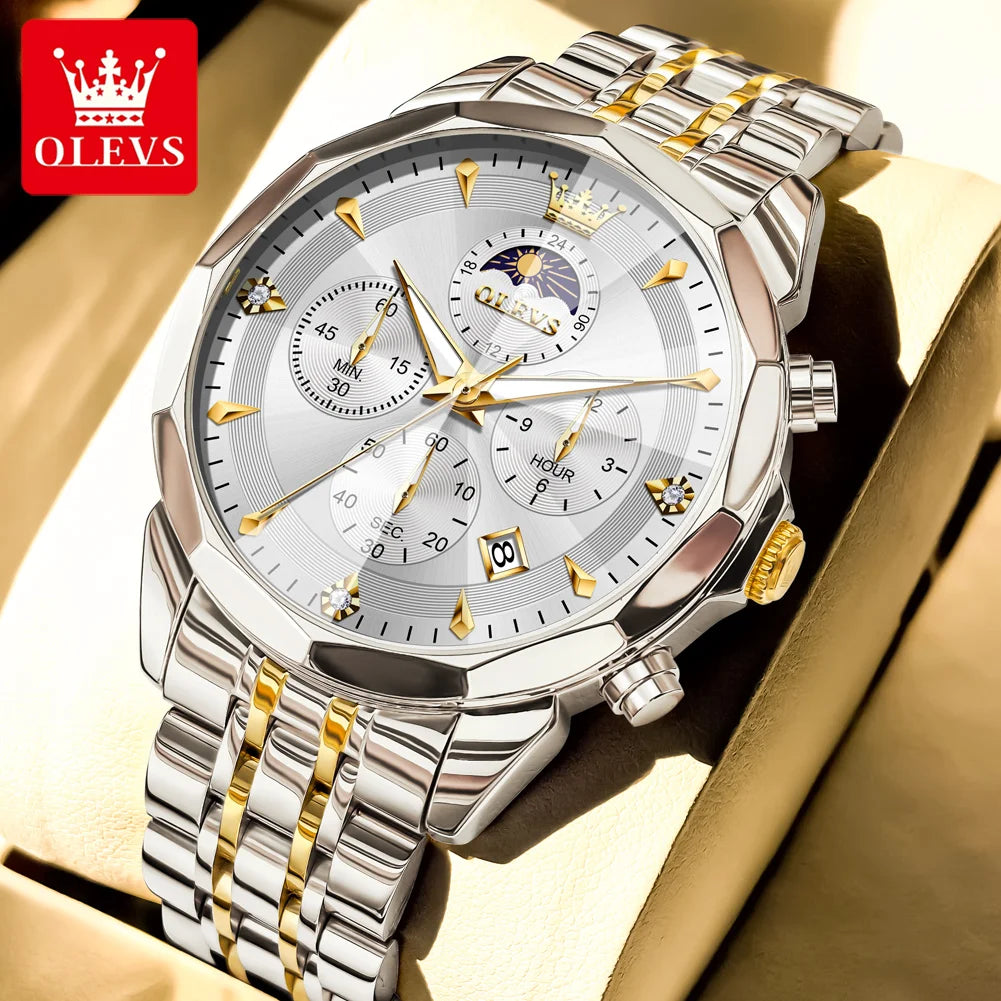 OLEVS Hot Sale Men's Watches Original Brand Quartz Watch Rhombus Mirror Waterproof Luminous Chronograph Moon Phase Watches 3673