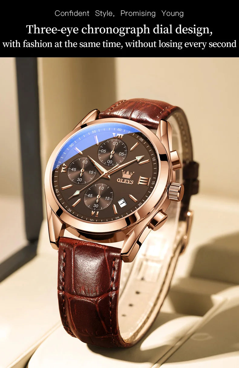 OLEVS Mens Watches Top Brand Luxury Chronograph Quartz Watch Men Sport Leather Waterproof Luminous Date Business Wristwatch Male