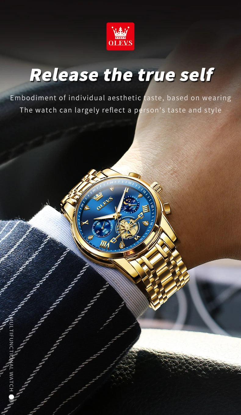 OLEVS Luxury Brand Men's Watch Classic Roman Scale Flywheel Design Moon Phase Waterproof Quartz Watch for Men Original 2856
