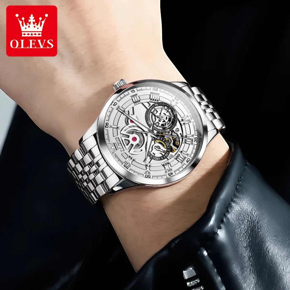 OLEVS 7076 Mechanical Watch for Men Waterproof Skeleton Chronograph Sports Fashion Wristwatch Man Hand Clock
