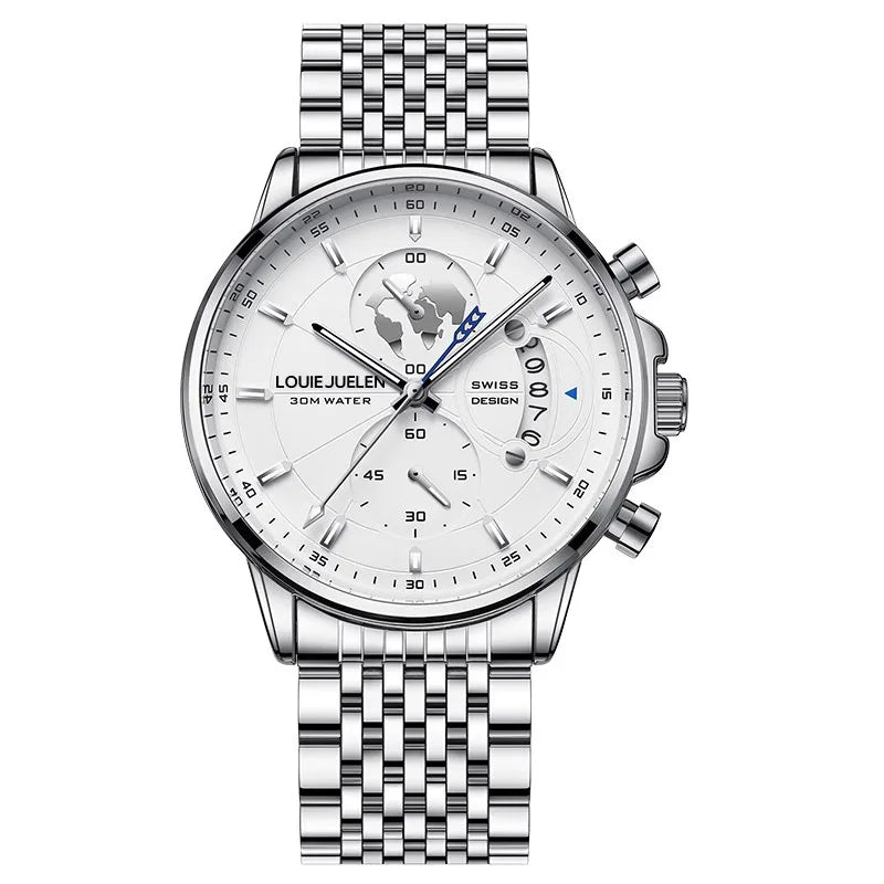 LOUIE JUELEN New Hot-Selling Men's Business Watch - Genuine Leather Strap Chronograph 3Eye Luminous Waterproof Quartz Wristwatch
