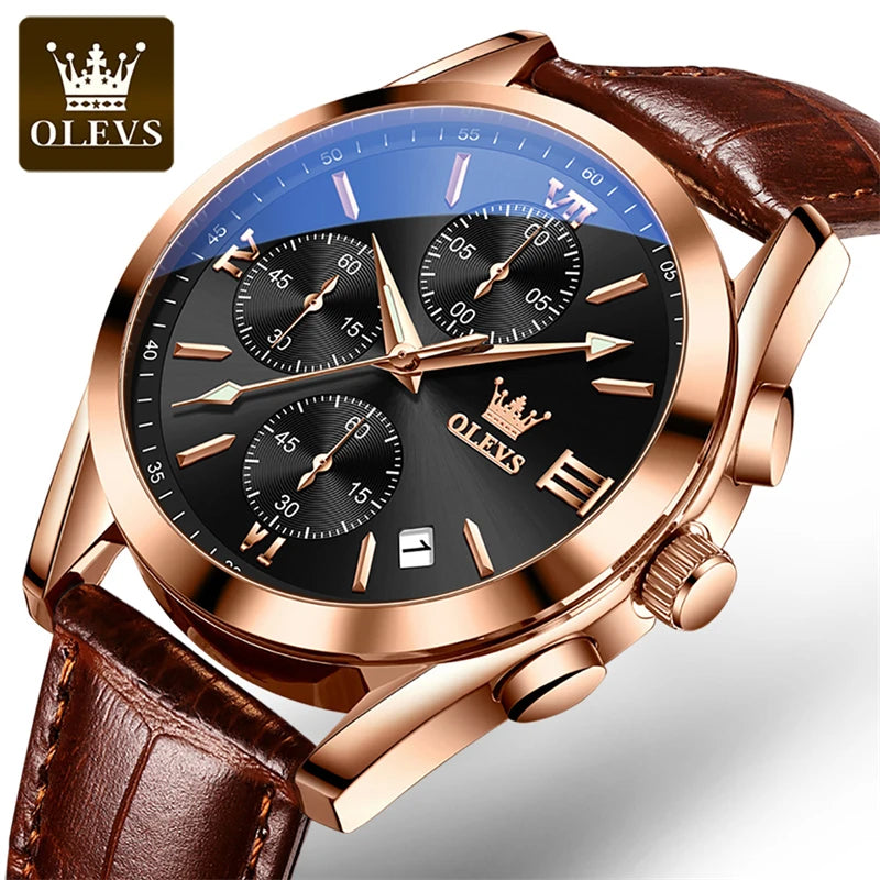 OLEVS Mens Watches Top Brand Luxury Chronograph Quartz Watch Men Sport Leather Waterproof Luminous Date Business Wristwatch Male