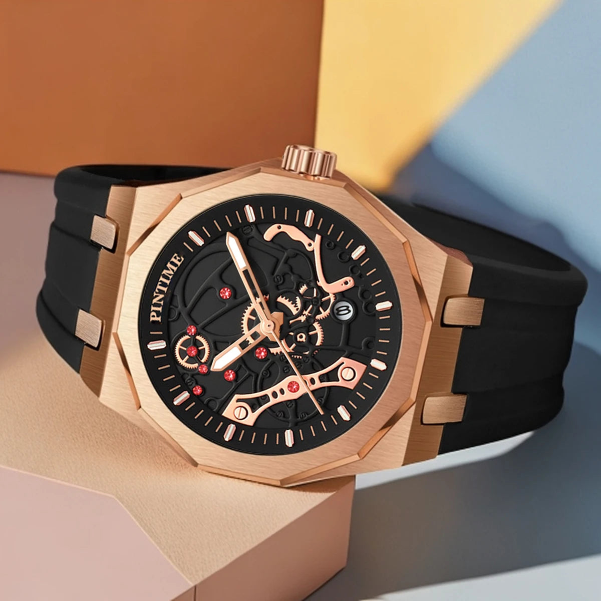 Premium Luxury Sports Watch for Men Water Resistant Automatic Mechanical Stone Style Timepiece Men's Wristwatch Retro Watch