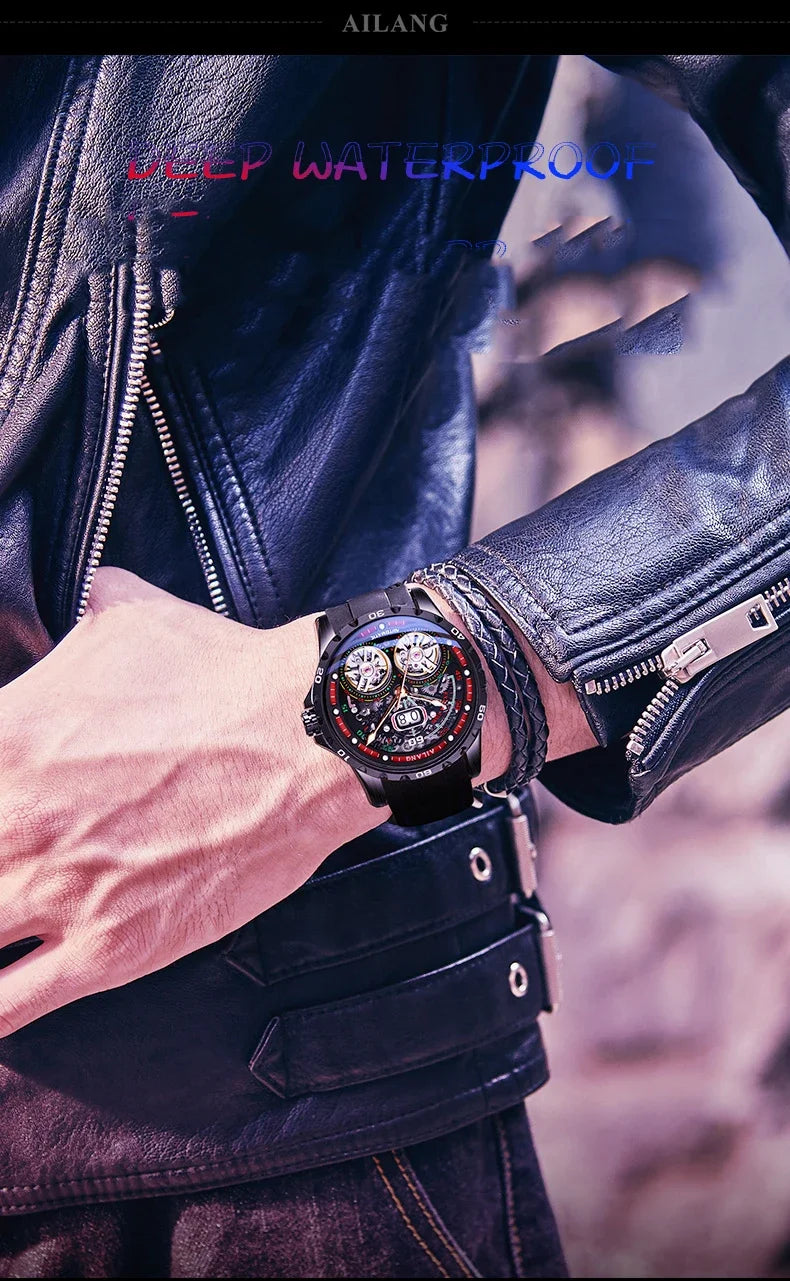 Luxury Sports Double Tourbillon Watches for Men Fashion Calendar Mechanical Watch Waterproof Luminous Clock Mens