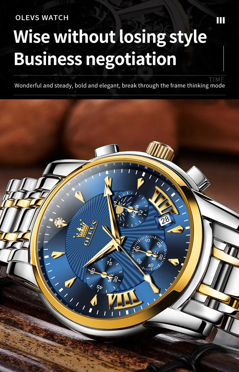 OLEVS Men's Watches 2892 Luxury Business Original Top Brand Quartz Watch for Man Waterproof Moon Phase Date Chronograph Luminous
