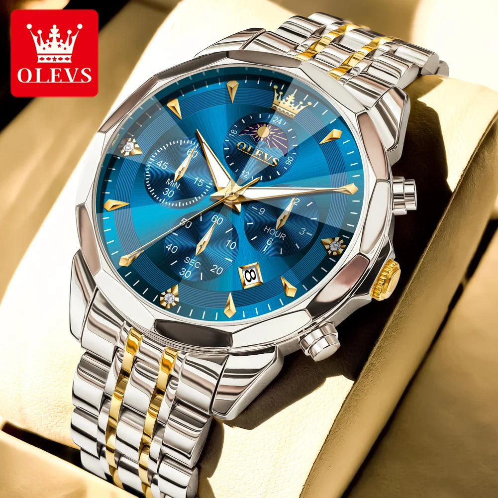 OLEVS Hot Sale Men's Watches Original Brand Quartz Watch Rhombus Mirror Waterproof Luminous Chronograph Moon Phase Watches 3673