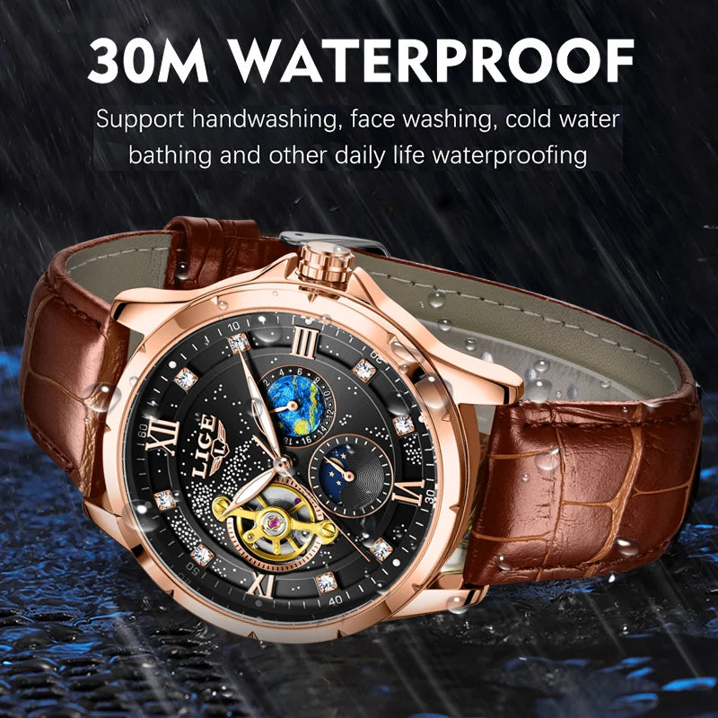 LIGE Top Luxury Mechanical Watches Men Fashion Diamonds Automatic Mens Watch 30M Waterproof Luminous Wristwatch Male Reloj 2026