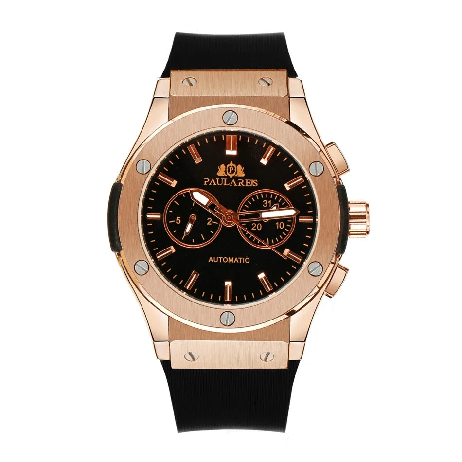 Automatic Watches for Men Mechanical Movement Rose Gold Silver Black Case White Rubber Casual Sports Geneve Watch