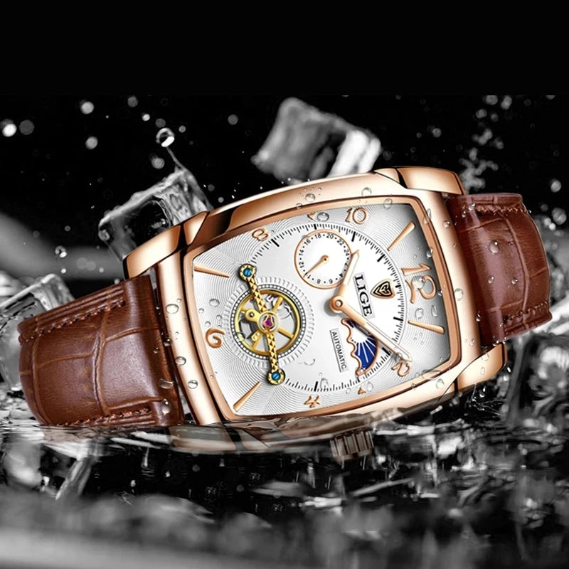 LIGE New Tourbillon Automatic Mechanical Womens Watches Top Brand Luxury Fashion Waterproof Skeleton ladyClock Montre Homme