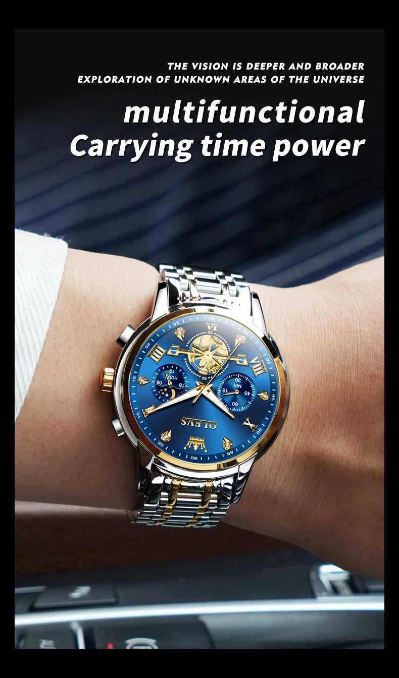 OLEVS Luxury Brand Men's Watch Classic Roman Scale Flywheel Design Moon Phase Waterproof Quartz Watch for Men Original 2856