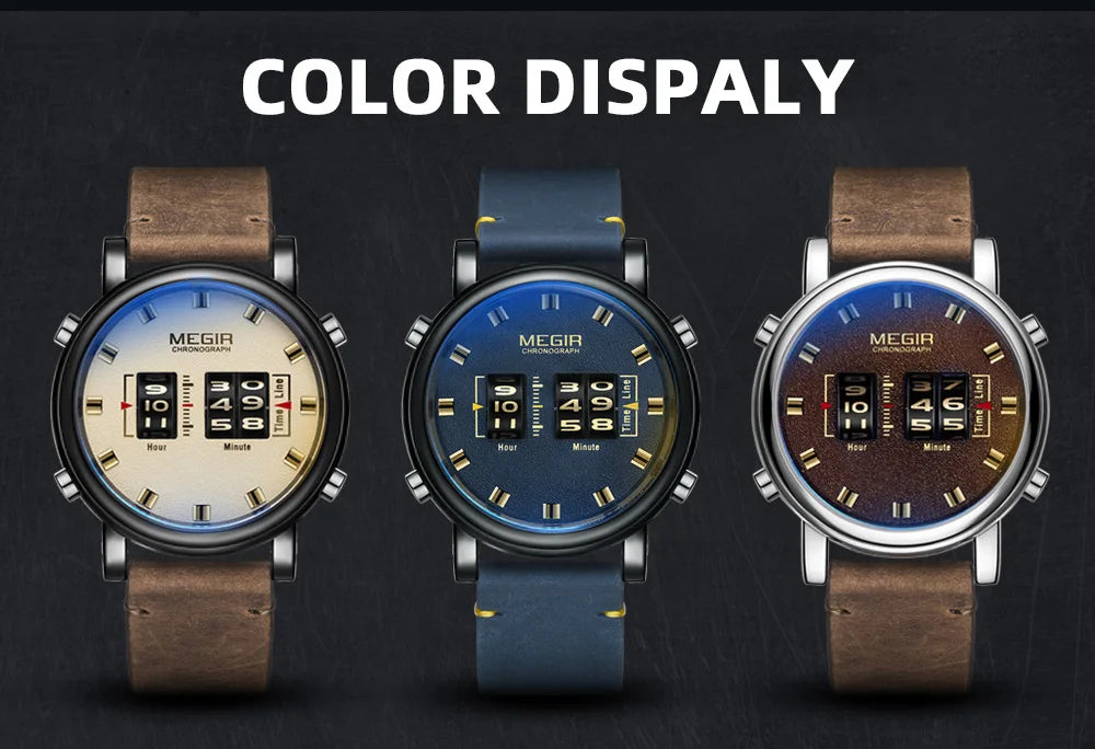 MEGIR Luxury Brand Men Sport Casual Watches Leather Strap Digital Roller Pointer Quartz Wristwatch Clock Relogio Masculino 2137