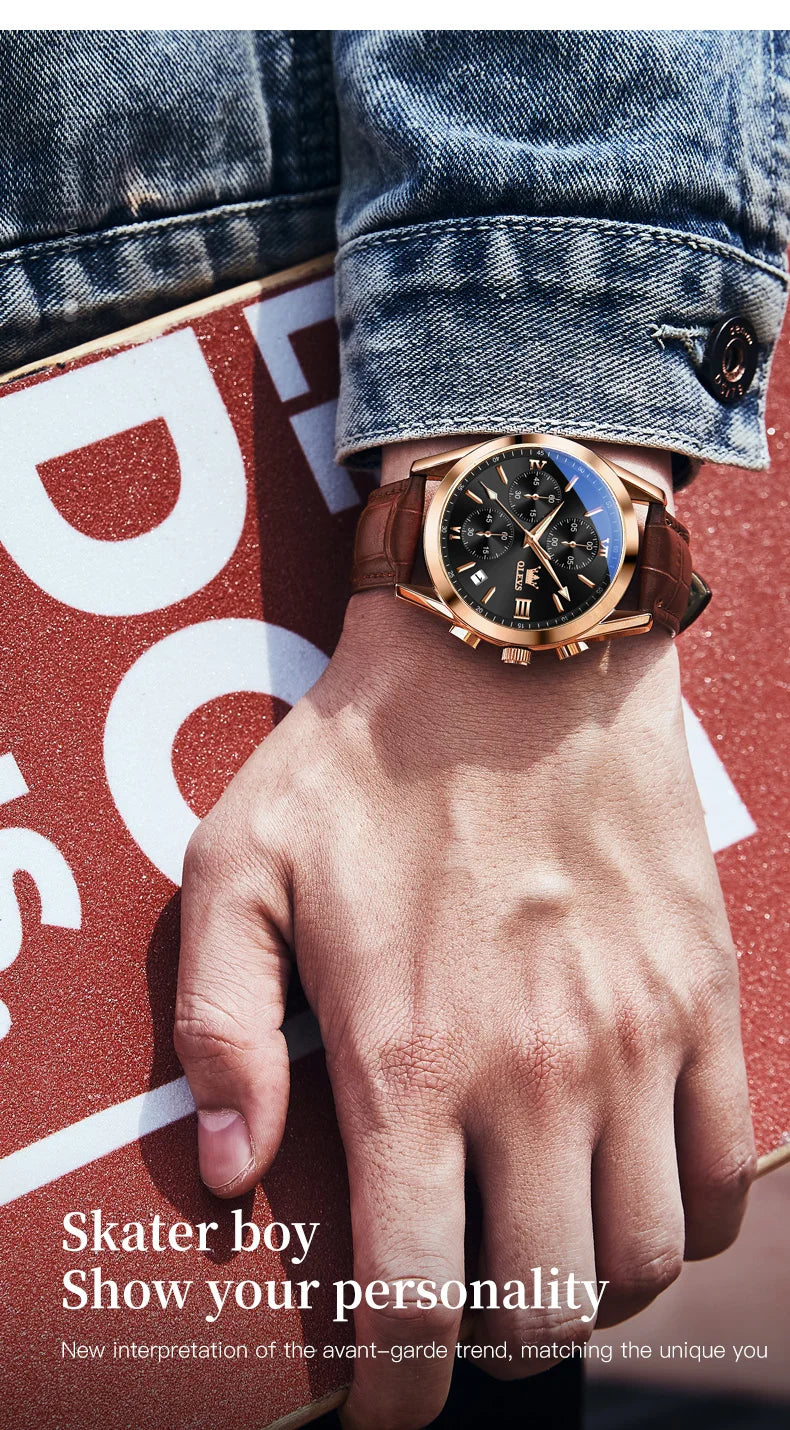 OLEVS Mens Watches Top Brand Luxury Chronograph Quartz Watch Men Sport Leather Waterproof Luminous Date Business Wristwatch Male