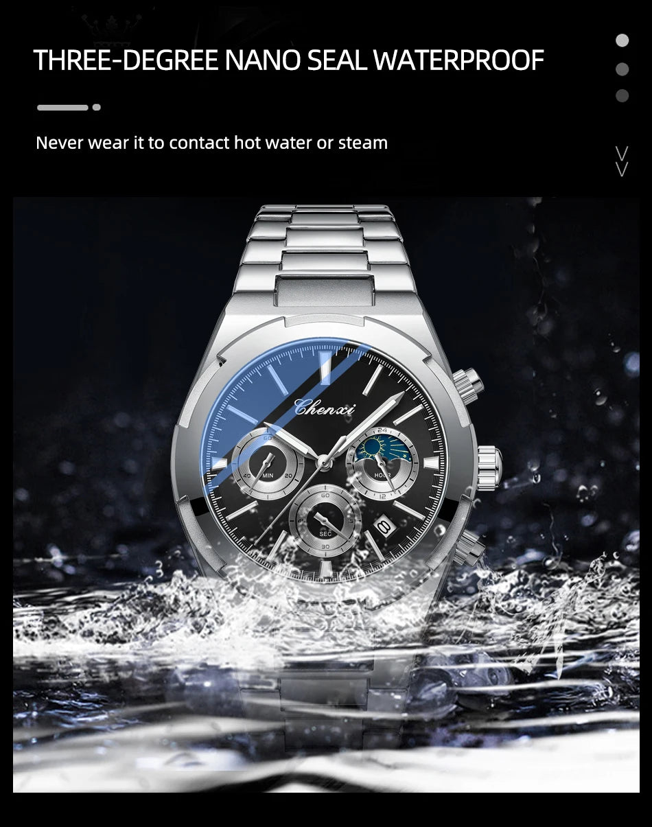 Men's Watches Classic Multifunctional Chronograph Sports Watch Top Luxury Stainless Steel Waterproof Luminous Quartz Wristwatch