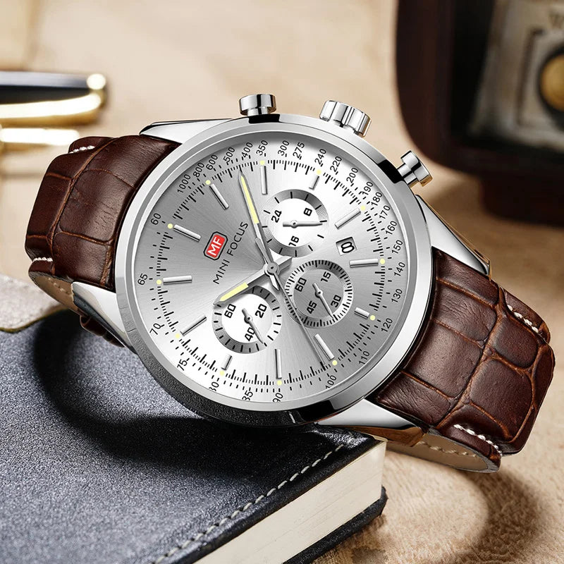 Top Brand Men's Leather Watch Luxury Quartz Watch Casual Business Sport Waterproof Chronograph Wristwatch with Date Display