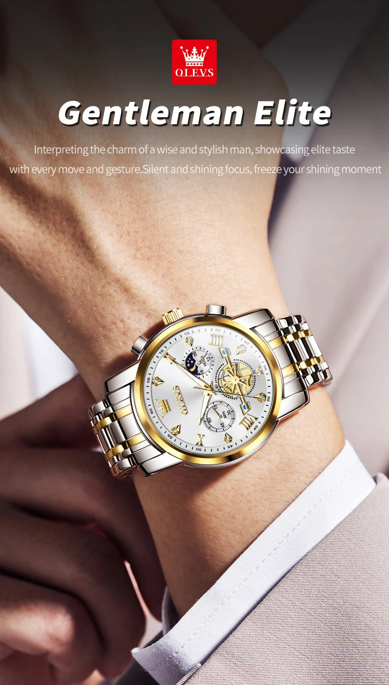 OLEVS Luxury Brand Men's Watch Classic Roman Scale Flywheel Design Moon Phase Waterproof Quartz Watch for Men Original 2856