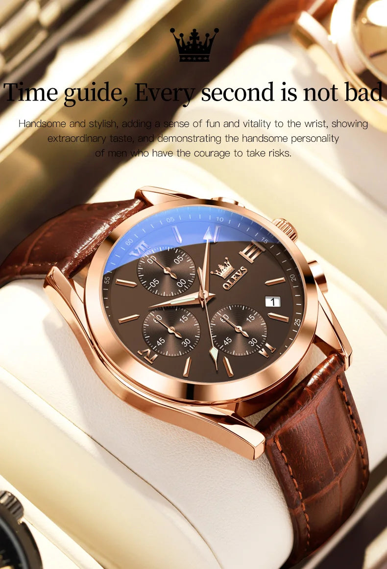 OLEVS Mens Watches Top Brand Luxury Chronograph Quartz Watch Men Sport Leather Waterproof Luminous Date Business Wristwatch Male