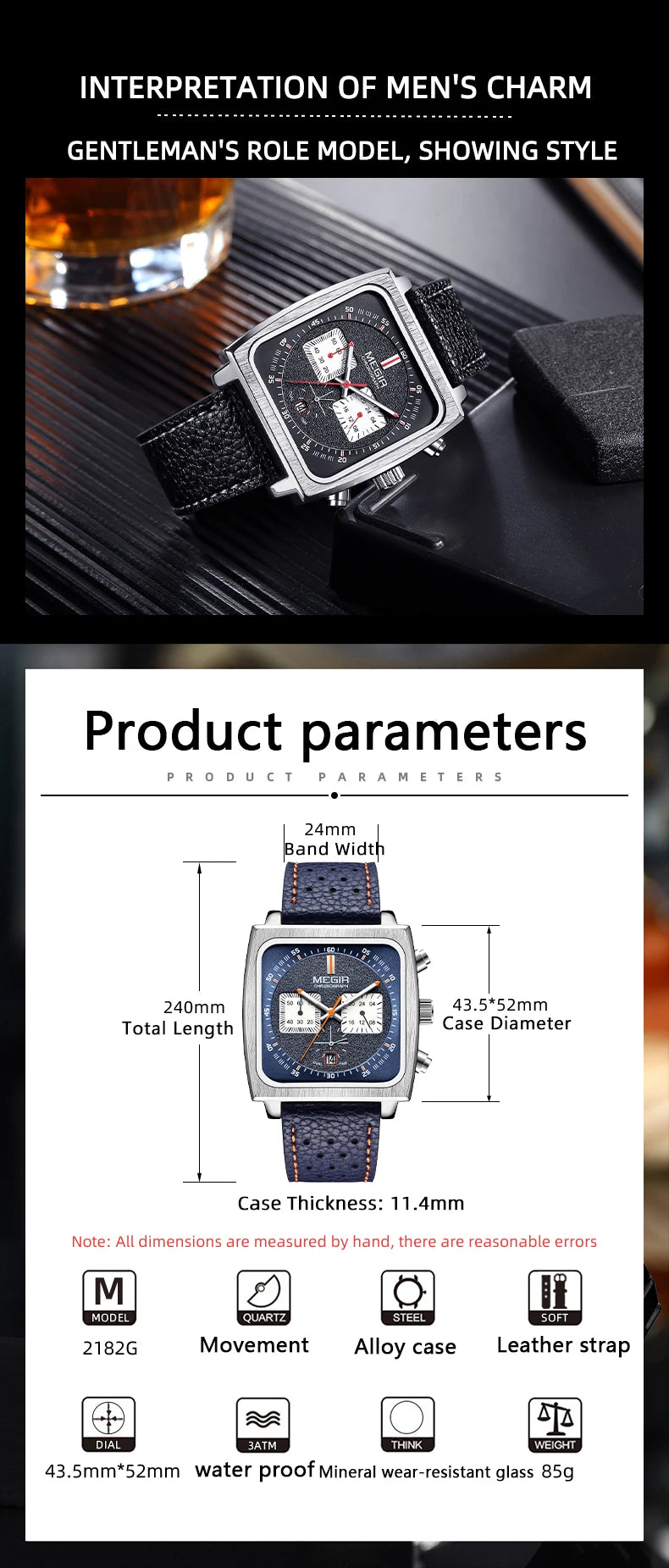 MEGIR Square Dial Chronograph Quartz Watches for Men Fashion Blue Leather Strap Casual Sport Wristwatch with Date 24-hour 2182