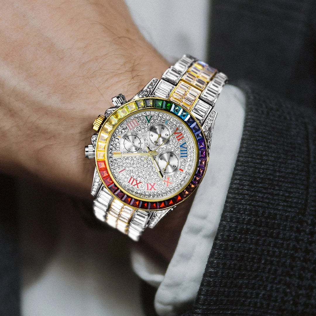 Chronograph Men Quartz Watches Waterproof Rainbow Diamond Luxury Iced Out Watches For Men Gift Dropshipping uhren für herren