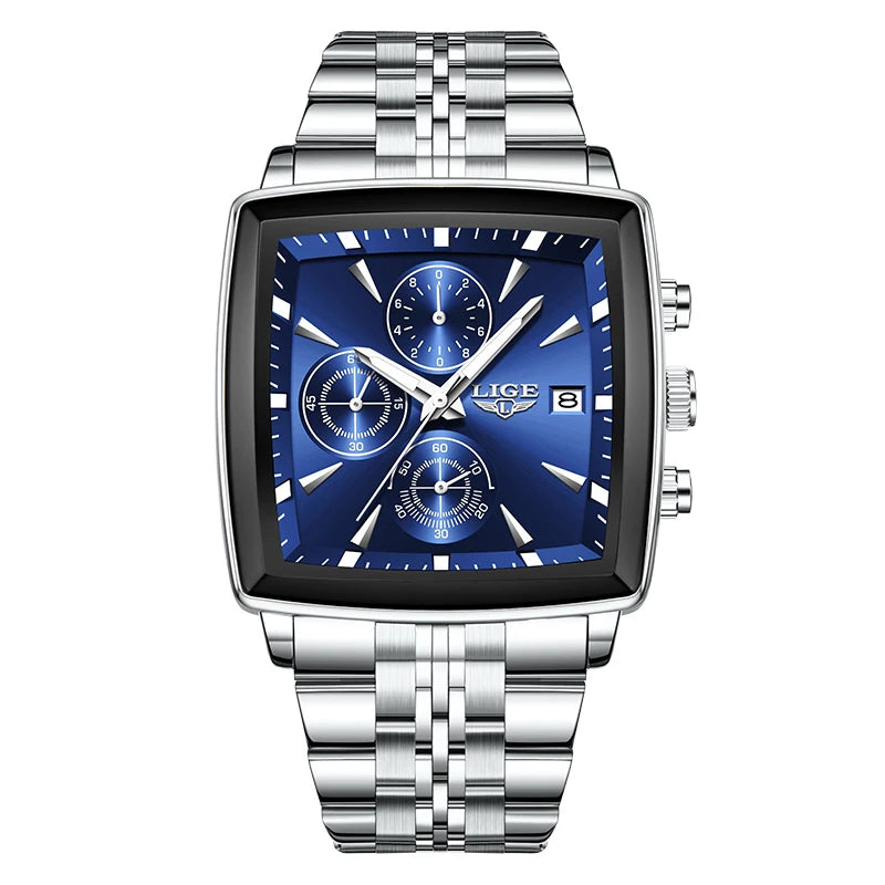 LIGE Fashion Luxury  Watches for Men Square Dial Stainless Steel Waterproof Luminous Auto Date Chronograph Quartz Man Watch+Box
