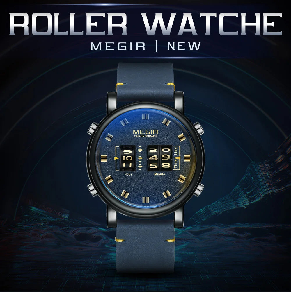MEGIR Luxury Brand Men Sport Casual Watches Leather Strap Digital Roller Pointer Quartz Wristwatch Clock Relogio Masculino 2137