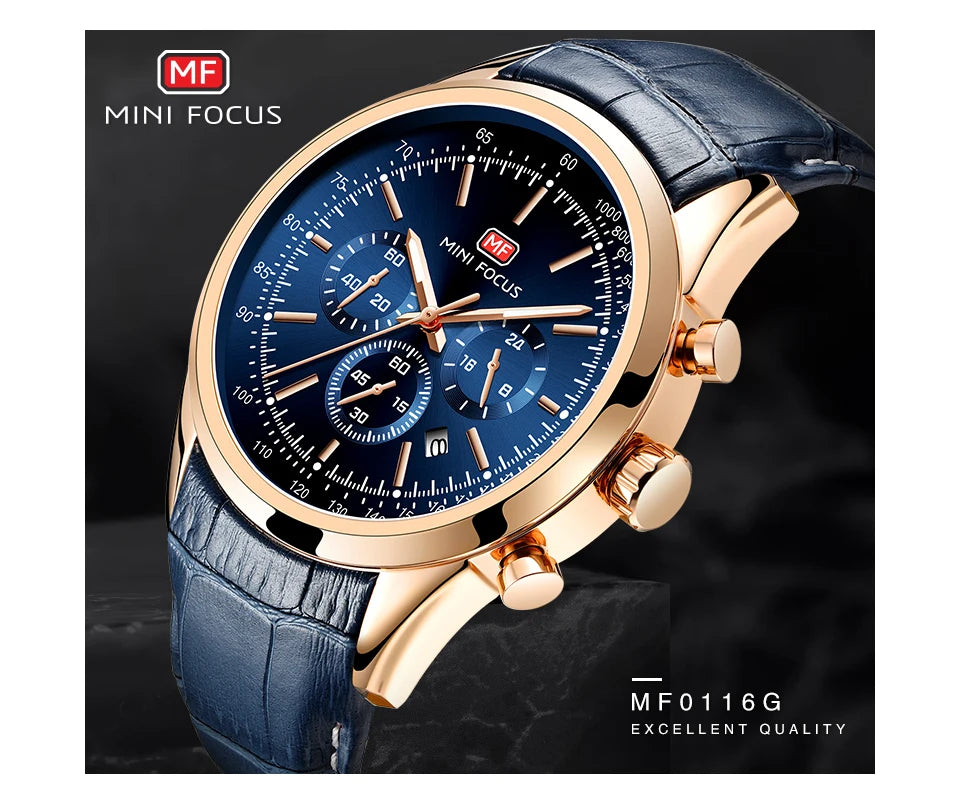 Top Brand Men's Leather Watch Luxury Quartz Watch Casual Business Sport Waterproof Chronograph Wristwatch with Date Display