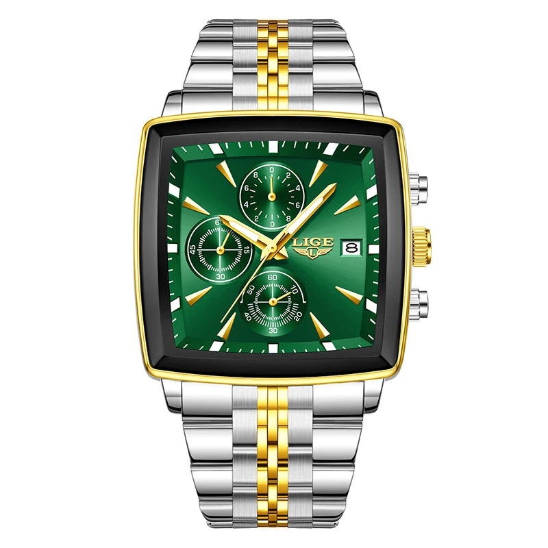 LIGE Fashion Luxury  Watches for Men Square Dial Stainless Steel Waterproof Luminous Auto Date Chronograph Quartz Man Watch+Box