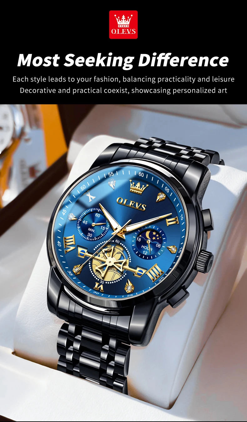 OLEVS Luxury Brand Men's Watch Classic Roman Scale Flywheel Design Moon Phase Waterproof Quartz Watch for Men Original 2856