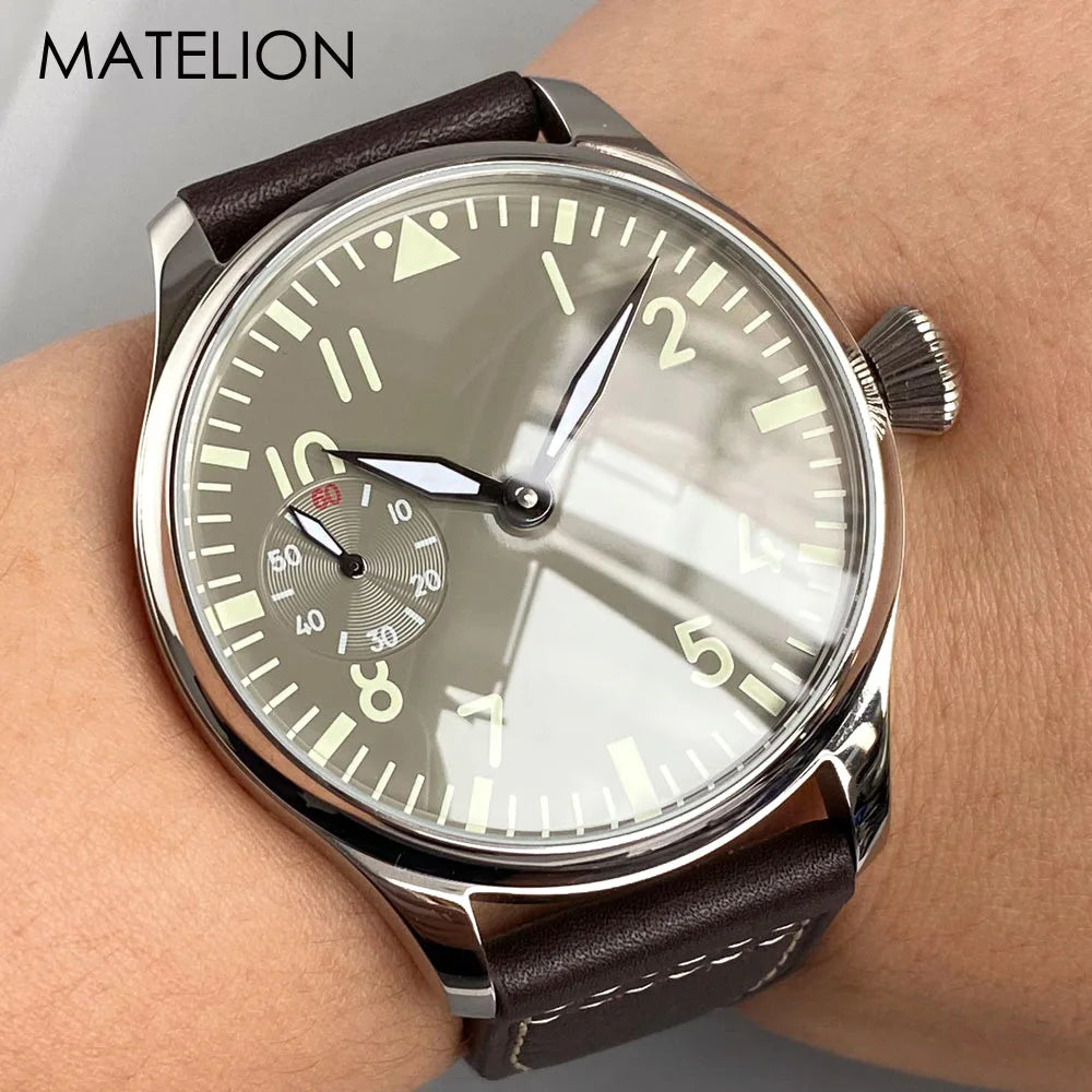 Retro Watch for Men Asia 6497 Hand Winding Movement Black White Mechanical Manual Winding Mineral Crystal 44mm Transparent Back