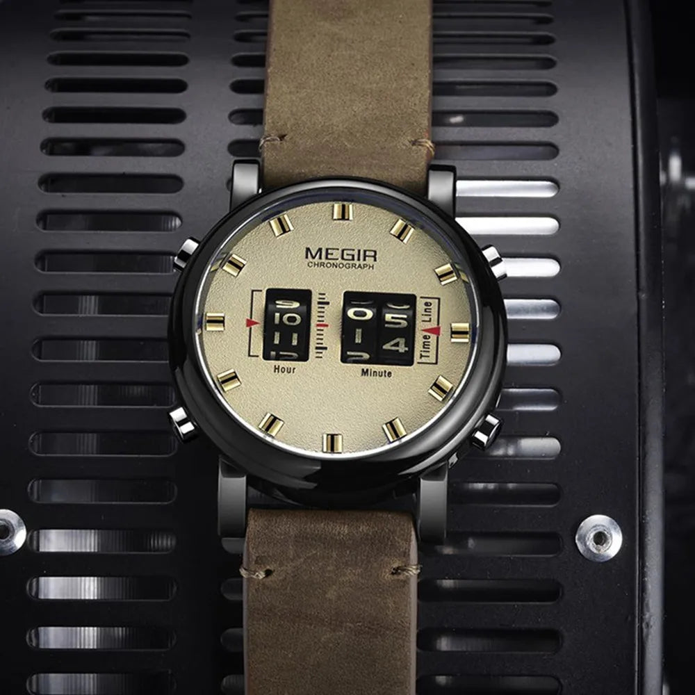 MEGIR Luxury Brand Men Sport Casual Watches Leather Strap Digital Roller Pointer Quartz Wristwatch Clock Relogio Masculino 2137