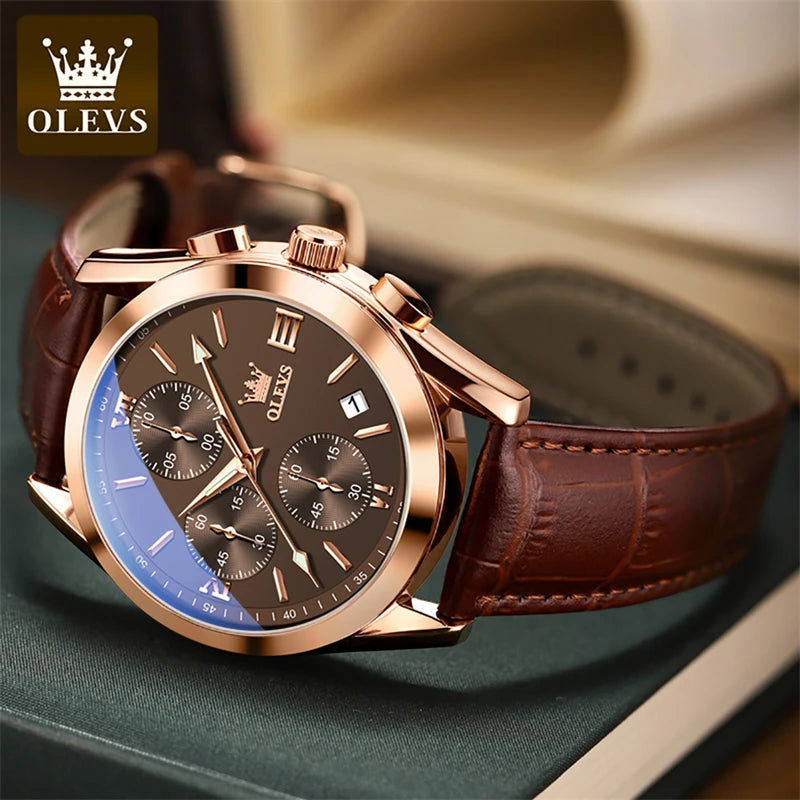 OLEVS Mens Watches Top Brand Luxury Chronograph Quartz Watch Men Sport Leather Waterproof Luminous Date Business Wristwatch Male