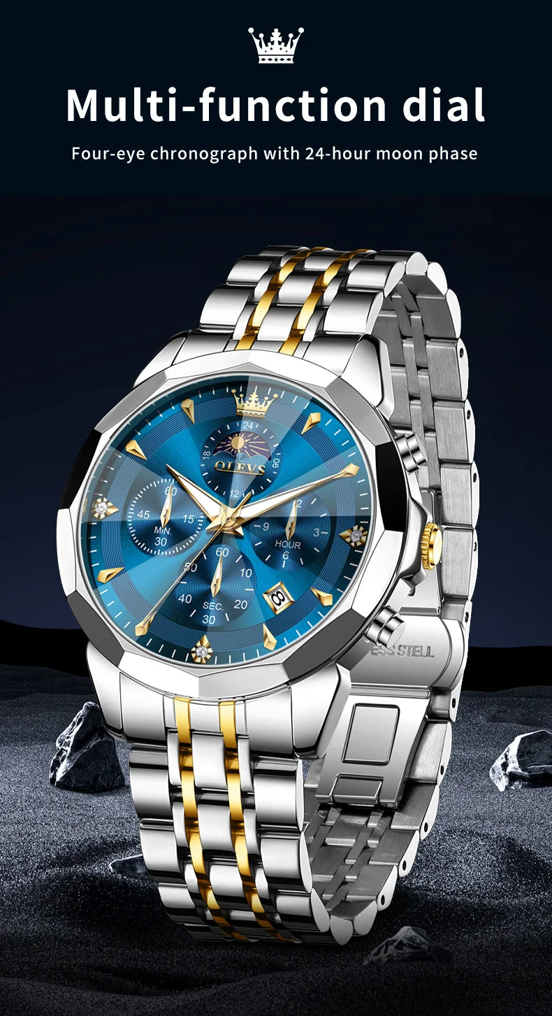 OLEVS Hot Sale Men's Watches Original Brand Quartz Watch Rhombus Mirror Waterproof Luminous Chronograph Moon Phase Watches 3673