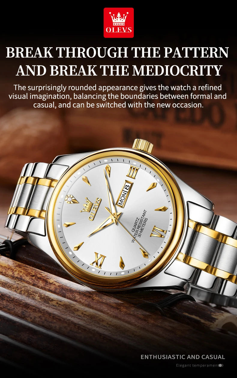 OLEVS 9806 Classic Men's Watches Roman Scale Date Week Stainless steel Business Waterproof Hand Clock