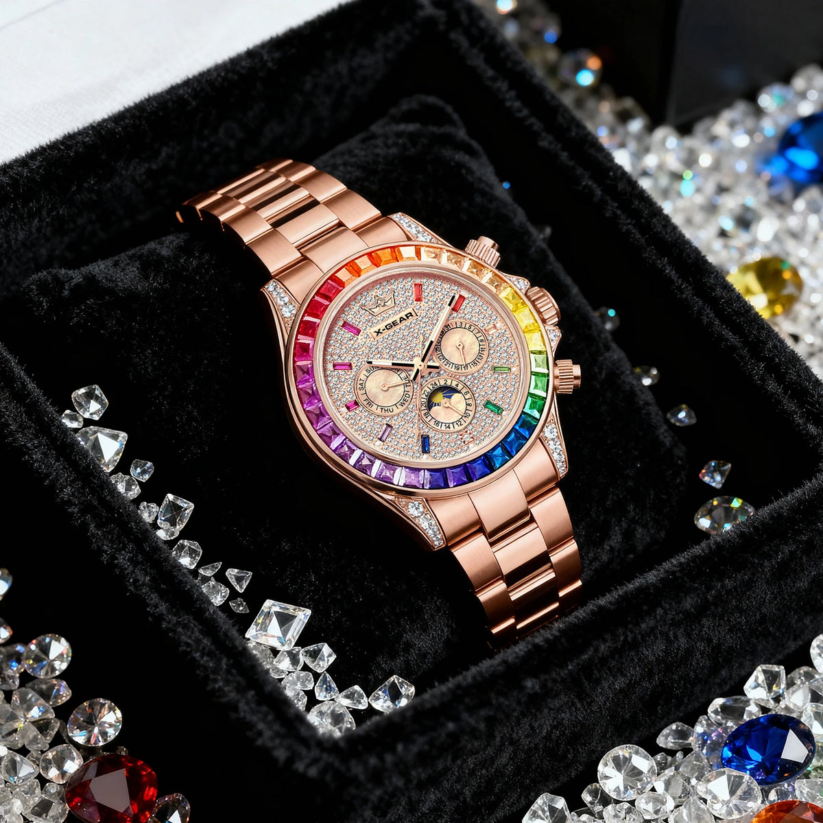 Luxury Men's Rose Gold Watch Colorful Gemstone Bezel 6-Pin Display Waterproof Mechanical Watch for Elegant Fashion