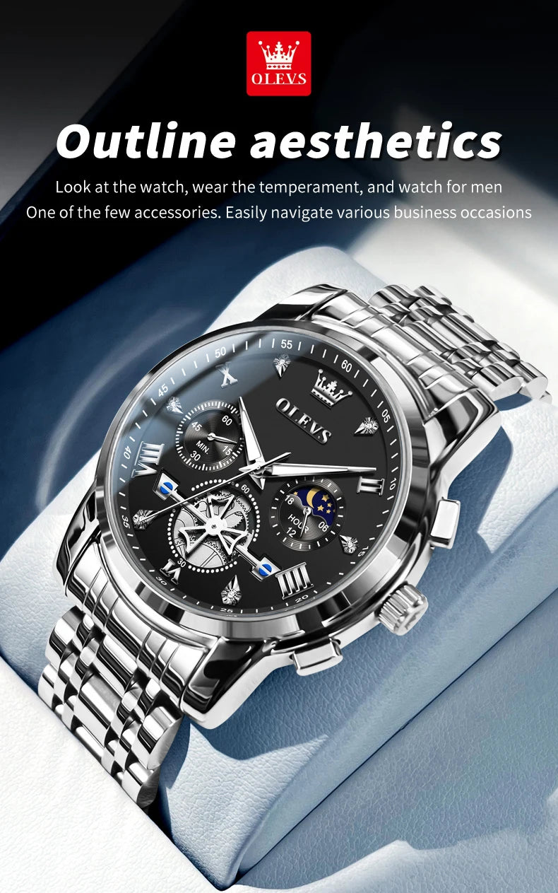 OLEVS Luxury Brand Men's Watch Classic Roman Scale Flywheel Design Moon Phase Waterproof Quartz Watch for Men Original 2856