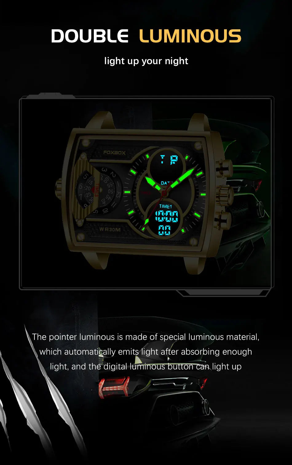 LIGE Top Brand Luxury Men Watch FOXBOX Fashion Square Watch Men Casual Sports Waterproof Double Display Watch Relogio Masculino