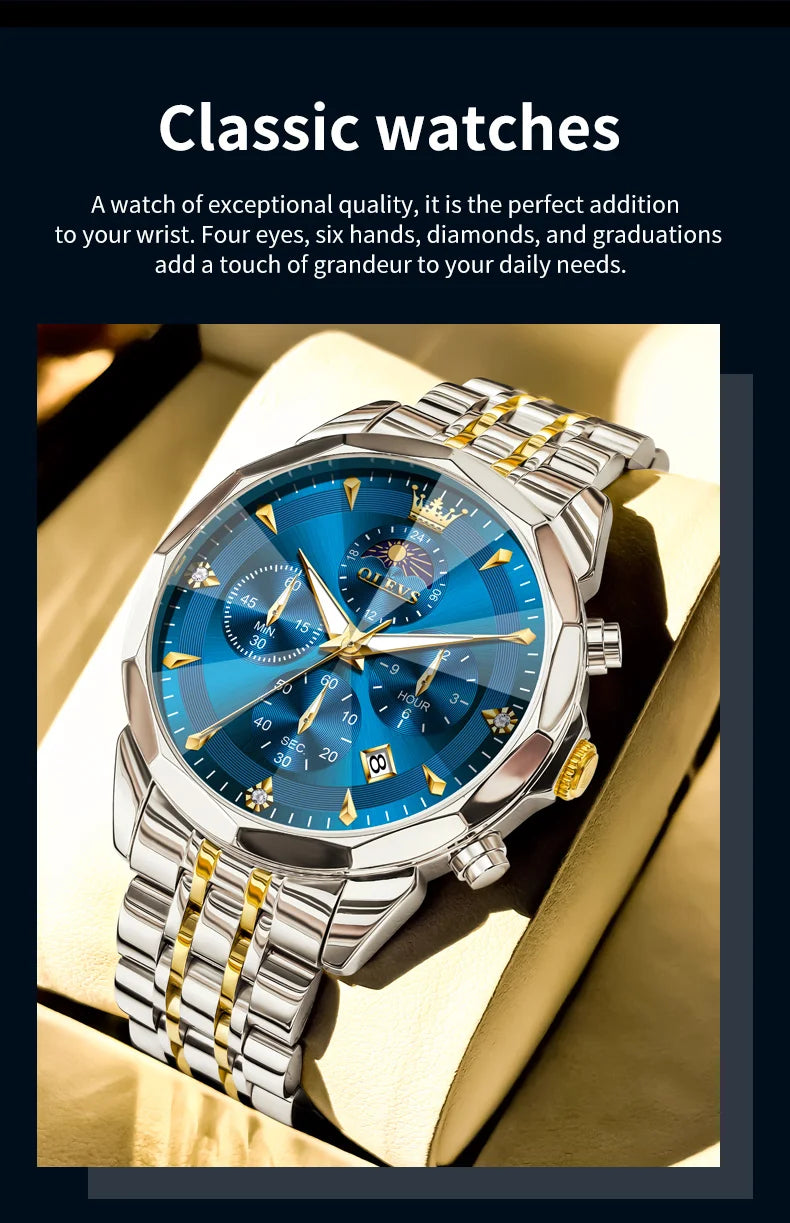OLEVS Hot Sale Men's Watches Original Brand Quartz Watch Rhombus Mirror Waterproof Luminous Chronograph Moon Phase Watches 3673