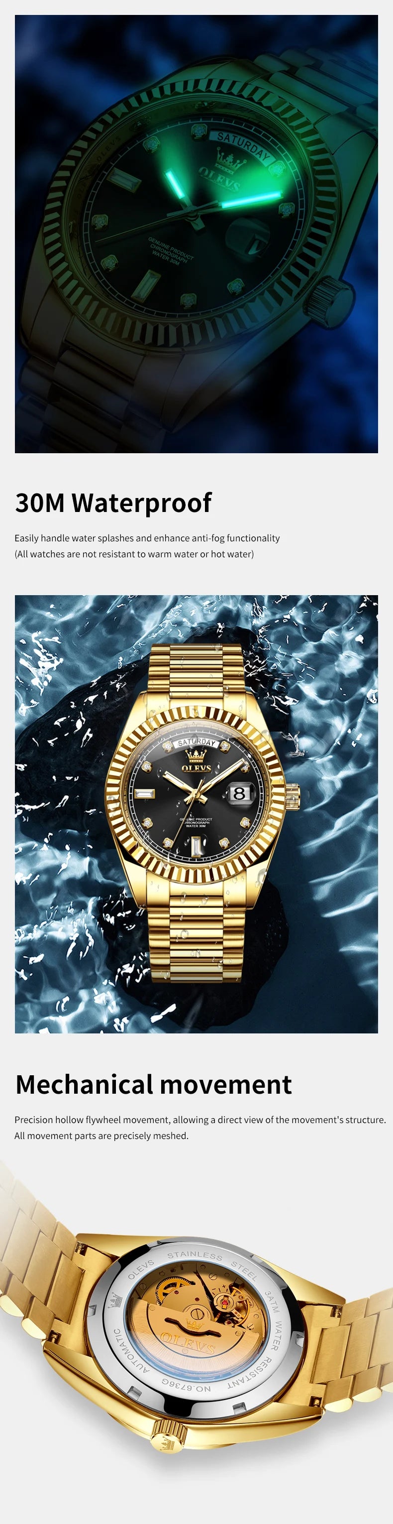 OLEVS Fashion Luxury Men's Automatic Mechanical Watches Waterproof Gold Date Business Luminous Watch for Man Brand Wristwatch