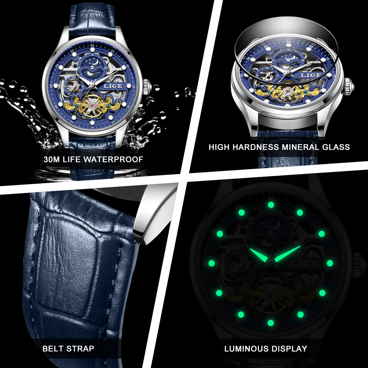 Reloj Hombre Watches Mens LIGE Top Brand Luxury Skeleton Tourbillon Automatic Mechanical Watch for Men Waterproof+Watch Box