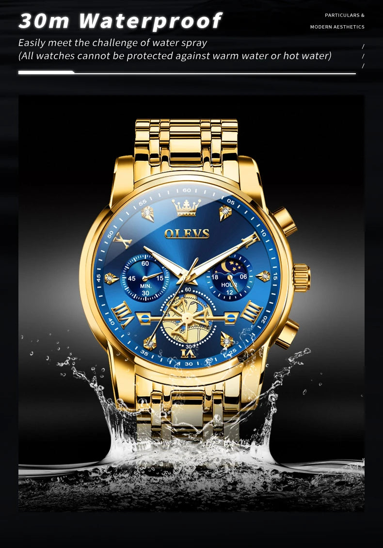 OLEVS Luxury Brand Men's Watch Classic Roman Scale Flywheel Design Moon Phase Waterproof Quartz Watch for Men Original 2856