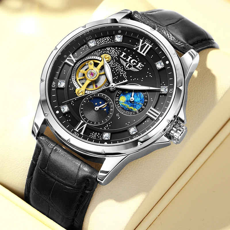 LIGE Top Luxury Mechanical Watches Men Fashion Diamonds Automatic Mens Watch 30M Waterproof Luminous Wristwatch Male Reloj 2026