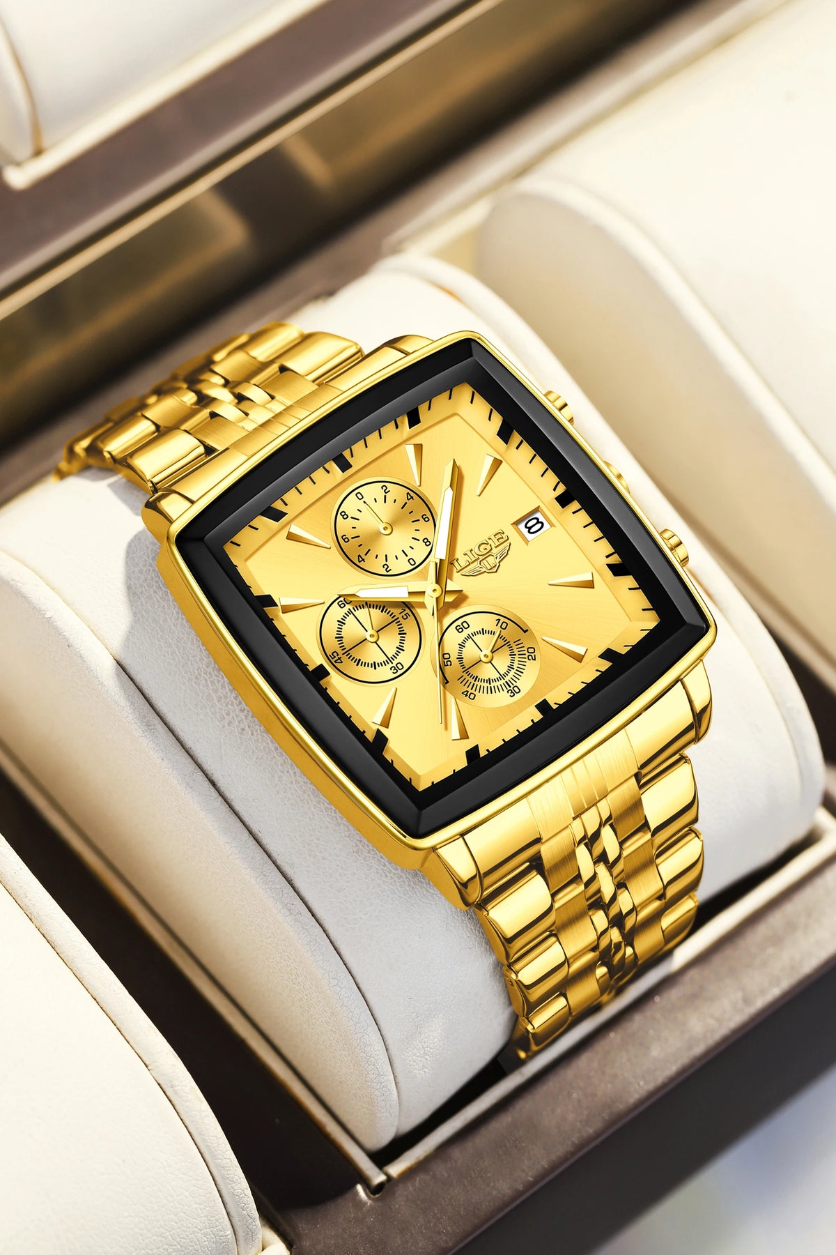 LIGE Fashion Luxury  Watches for Men Square Dial Stainless Steel Waterproof Luminous Auto Date Chronograph Quartz Man Watch+Box