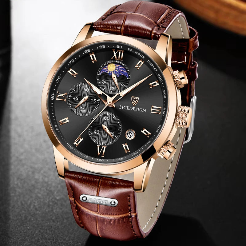 LIGE New Casual Men Watch Luxury Leather Waterproof Sport Quartz Wristwatch Chronograph Military Watch for Men Relogio Masculino