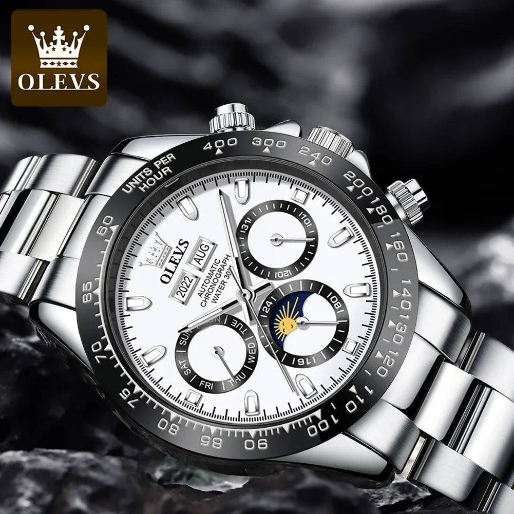 OLEVS 6654 Mens Watch Chronograph Automatic Mechanical Wristwatch Light Luxury Waterproof Luminous Function Brand Watch for Man