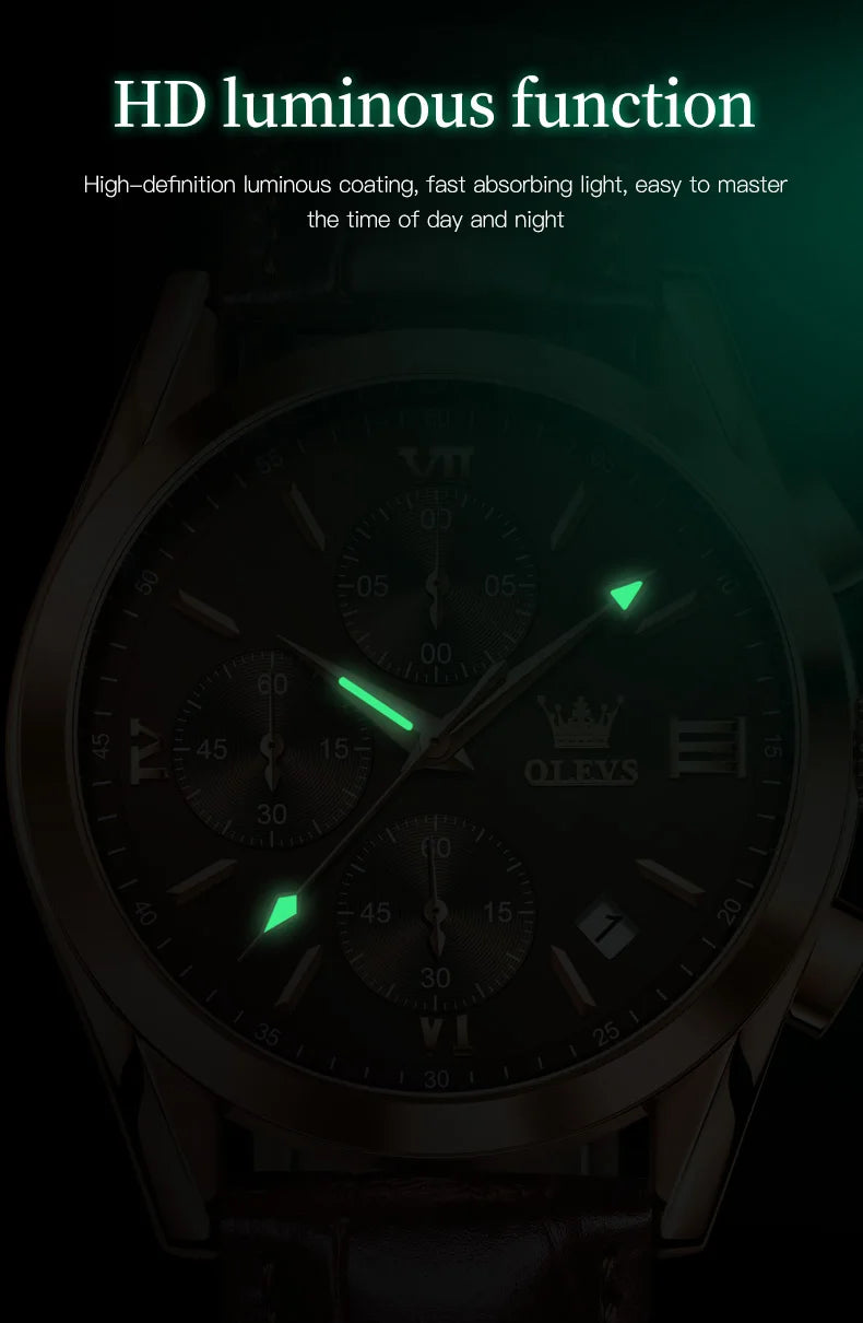 OLEVS Mens Watches Top Brand Luxury Chronograph Quartz Watch Men Sport Leather Waterproof Luminous Date Business Wristwatch Male